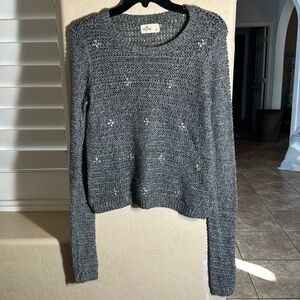 Hollister knit sweater gray with silver metallic thread and crystal gems details